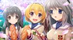  3girls artist_request black_hairband blonde_hair blue_eyes bread breasts brown_eyes brown_hair brown_jacket cherry_blossoms chopsticks clannad collar crossover emblem fang food game_cg grey_hair hairband highres higurashi_no_naku_koro_ni higurashi_no_naku_koro_ni_mei hikarizaka_private_high_school_uniform holding holding_chopsticks holding_food houjou_satoko ibuki_fuuko jacket long_hair long_sleeves looking_at_another multiple_girls non-web_source official_art open_mouth outdoors pink_eyes pink_petals sakagami_tomoyo school_uniform short_hair smile sparkle tree white_collar 