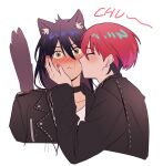  2girls amate_yuzuriha animal_ears apt._(rose_&amp;_bruno_mars) black_choker black_jacket cat_ears cat_girl cat_tail choker closed_eyes closed_mouth earrings gundam gundam_gquuuuuux hand_on_another&#039;s_face highres jacket jewelry kemonomimi_mode kiss kissing_cheek long_hair multiple_girls nyaan_(gundam_gquuuuuux) otakulifewow purple_hair red_hair red_nails shirt short_hair simple_background stud_earrings tail upper_body white_background white_shirt yuri 