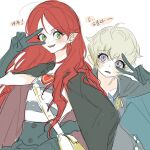  2girls bag black_cape black_gloves blonde_hair cape chocolat_meilleure cowboy_shot doisoe earrings gloves green_eyes hand_on_own_hip highres jewelry long_hair multiple_girls orange_hair pointy_ears purple_eyes satchel simple_background smile sugar_sugar_rune v vanilla_mieux white_background 