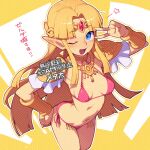  1girl ;d bikini blonde_hair blue_eyes breasts commentary_request hand_on_own_hip jewelry long_hair looking_at_viewer metata navel one_eye_closed parted_bangs pink_bikini pointy_ears princess_zelda small_breasts smile solo swimsuit the_legend_of_zelda the_legend_of_zelda:_a_link_between_worlds v v_over_eye 