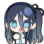  1girl animated animated_gif aqua_eyes aqua_necktie aris_(blue_archive) black_jacket blue_archive blue_hair blue_hairband blue_jacket blush_stickers chibi chunye_haruya collared_shirt covering_own_mouth disembodied_hand dot_nose hair_between_eyes hairband hand_over_own_mouth jacket long_bangs long_hair long_hair_between_eyes looking_at_viewer lowres multicolored_jacket necktie no_pupils one_side_up open_clothes open_jacket open_mouth school_uniform second-party_source shirt simple_background solo surprised transparent_background upper_body white_jacket white_shirt wide-eyed 