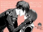  1boy 1girl belle_(zenless_zone_zero) blush crossed_bangs greyscale_with_colored_background hair_ornament hand_on_another&#039;s_face highres imminent_kiss jacket leather leather_jacket letter_hair_ornament lighter_(zenless_zone_zero) nikumaipan scarf short_hair shoulder_spikes spiked_jacket spikes studded_gloves upper_body white_scarf zenless_zone_zero 