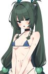  1girl absurdres bikini black_choker blue_bikini blush braid choker collarbone covered_nipples green_eyes green_hair hair_bobbles hair_ornament highres long_hair looking_at_viewer micro_bikini navel open_mouth qingyi_(zenless_zone_zero) simple_background smile solo swimsuit teeth twin_braids upper_teeth_only w.k white_background zenless_zone_zero 