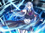  2015 black_skirt blue_eyes dated detached_sleeves garter_straps highres holding holding_sword holding_weapon long_hair looking_at_viewer original signature silver_hair skirt solo sword the-sinner weapon 