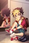  1boy amanogawa_ryuusei aqua_shorts artist_name backpack bag belt belt_pouch black_hair black_shoes blonde_hair bread bread_slice briefcase brown_belt brown_eyes child collared_jacket commentary food food_in_mouth foyer fried_egg fried_egg_on_toast full_body hair_between_eyes highres indoors jacket jinzou_konchuu_kabutoborg_vxv kuroda_(kuro_yyy) looking_at_viewer male_focus mouth_hold multicolored_hair open_clothes open_jacket pouch putting_on_footwear red_jacket red_shoes reflection school_briefcase shoes short_hair shorts signature sitting sneakers socks solo symbol-only_commentary tile_floor tiles toast two-tone_hair white_hair white_socks wristband 