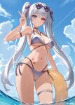  1girl arm_strap armpits ass_visible_through_thighs bare_shoulders bikini black_choker blue_eyes breasts choker cleavage commentary_request commission contrapposto crotch_seam day eyewear_on_head grey_bikini grey_hair grin hair_ribbon hand_up heart heart-shaped_eyewear heterochromia highres innertube korean_commentary lens_flare long_hair looking_at_viewer medium_breasts multi-strapped_bikini_bottom multi-strapped_bikini_top navel o-ring o-ring_bottom original outdoors red_eyes ribbon second-party_source senkou_noah side-tie_bikini_bottom smile solo stomach string_bikini sunglasses sunlight swim_ring swimsuit thigh_strap thighs twintails v very_long_hair wading water wet 