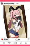  1boy absurdres animal_ears ansel_(arknights) arknights black_neckerchief black_panties blue_sailor_collar blue_skirt cellphone cosplay cowboy_shot cropped_shirt crossdressing crossdressing_(mtf) elbow_gloves extra_ears fake_animal_ears fake_phone_screenshot fake_screenshot gloves hendra highleg highleg_panties highres holding holding_phone kantai_collection looking_at_viewer lop_rabbit_ears male_focus mask microskirt midriff mirror_selfie mouth_mask navel neckerchief notice_lines one_eye_closed panties phone pink_hair rabbit_boy rabbit_ears red_eyes red_thighhighs sailor_collar sailor_shirt school_uniform selfie serafuku shimakaze_(kancolle) shimakaze_(kancolle)_(cosplay) shirt short-hair skirt sleeveless sleeveless_shirt smartphone solo striped_clothes striped_thighhighs thighhighs trap underwear white_gloves white_shirt 