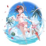  1girl ball bare_shoulders beachball bikini bikini_skirt blue_sky blush brown_hair cloud cloudy_sky commentary_request enju_(sennen_sensou_aigis) flat_chest holding holding_polearm holding_staff holding_weapon kawauchi_(kaz7ry) looking_at_viewer navel ocean off-shoulder_bikini off_shoulder official_art outdoors pink_bikini polearm red_eyes sandals sennen_sensou_aigis short_hair sky solo staff standing standing_on_one_leg stomach swimsuit wading watermelon_beachball weapon wet 
