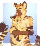 2024 anthro anthro_on_anthro arm_tuft brown_markings canid canine cheek_tuft closed_smile dated duo ears_back elbow_tuft facial_tuft felid fur glistening glistening_eyes head_tuft hi_res hug male male/male mammal markings mouth_closed neck_tuft nude one_eye_closed orange_body orange_eyes orange_fur pink_nose pivoted_ears shoulder_tuft simple_background smile standing striped_markings striped_tail stripes tail tail_markings tuft yellow_body yellow_eyes yellow_fur yookie zandkass