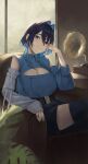  1girl absurdres armchair belt black_belt black_hair blue_eyes blue_hair blue_shirt blue_sleeves blush breasts chair closed_mouth collared_shirt colored_inner_hair crossed_legs detached_sleeves ear_chain earrings elbow_rest hair_between_eyes hair_intakes hand_on_own_head hashtag-only_commentary highres hololive hololive_english indoors jewelry large_breasts linked_piercing looking_at_viewer multicolored_hair official_alternate_costume official_alternate_hairstyle on_chair ouro_kronii ouro_kronii_(4th_costume) phonograph piercing plant shirt sitting sleeveless sleeveless_shirt sleeves_past_wrists smile solo two-tone_hair virtual_youtuber white_sleeves window wolf_cut zargaz 