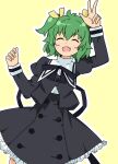  1girl :d ^_^ absurdres antenna_hair arm_up assault_lily black_ribbon black_skirt blush buttons closed_eyes commentary_request cowboy_shot cropped_jacket facing_viewer fang frilled_skirt frills green_hair hair_between_eyes hair_ribbon hand_up high-waist_skirt highres juliet_sleeves long_sleeves miniskirt neck_ribbon open_mouth outline puffy_sleeves ribbon school_uniform shirt short_hair simple_background skirt smile solo standing two_side_up w white_outline white_shirt yellow_background yellow_ribbon yoshimura_thi_mai yurigaoka_girls_academy_school_uniform yuzuki_suzuha 