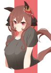  1girl absurdres alternate_costume animal_ears black_shirt breasts brown_hair commentary cropped_torso ear_covers gentildonna_(umamusume) hair_between_eyes highres horse_ears horse_girl horse_tail jagili_noe large_breasts looking_at_viewer red_eyes shirt short_sleeves sidelocks solo t-shirt tail umamusume upper_body 