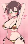  1girl absurdres aile_(mega_man_zx) armpits bikini blush breasts brown_hair buzzlyears cowboy_shot gold_bikini green_eyes heart highres large_breasts mega_man_(series) mega_man_zx pink_background robot_ears short_hair side-tie_bikini_bottom simple_background solo swimsuit 