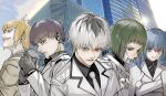  2girls antenna_hair black_gloves black_hair black_shirt blonde_hair blue_eyes blue_hair blue_sky building collared_shirt crossed_arms dark-skinned_female dark_skin ear_piercing earphones eyepatch gloves gradient_hair green_hair grey_jacket grey_necktie grin heterochromia highres holding jacket kaneki_ken lips long_hair long_sleeves looking_at_viewer medical_eyepatch mole mole_under_eye multicolored_hair multiple_boys multiple_girls mutsuki_tooru necktie parted_lips piercing red_eyes sasaki_haise scenery sharp_teeth shirazu_ginshi shirt short_hair sidelocks sky skyscraper smile stfr_(stfr_kaz) teeth tokyo_ghoul tokyo_ghoul:re twintails upper_body urie_kuki white_hair yonebayashi_saiko 