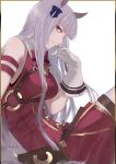  1girl absurdres animal_ears armband bare_shoulders belt belt_pouch blunt_bangs bow bowtie dress ear_bow ear_ribbon from_side gloves gold_ship_(umamusume) hand_on_own_face highres horse_ears horse_girl horse_tail horseshoe_ornament izu_lemon knee_up long_hair looking_at_viewer no_headwear o-ring pink_eyes pouch purple_bow red_bow red_bowtie red_dress sidelocks signature solo tail twitter_username umamusume upper_body white_background white_gloves white_hair 