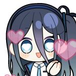  1girl :d animated animated_gif aqua_eyes aqua_necktie aris_(blue_archive) black_jacket blinking blue_archive blue_hair blue_hairband blue_jacket blush_stickers bright_pupils chibi chunye_haruya collared_shirt disembodied_hand dot_nose hair_between_eyes hairband heart heart-shaped_pupils jacket long_bangs long_hair long_hair_between_eyes looking_at_viewer lowres multicolored_jacket necktie one_side_up open_clothes open_jacket open_mouth own_hands_together palms_together school_uniform second-party_source shirt simple_background smile solo symbol-shaped_pupils transparent_background upper_body white_jacket white_pupils white_shirt 