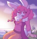 2024 4_fingers accessory anthro artist_name bangs beads blue_sky blush bottomwear breasts circle_eyebrows clothed clothed_anthro clothed_female clothing cloud colored digital_drawing_(artwork) digital_media_(artwork) ear_tuft english_description eyebrows eyelashes facial_markings fan_character female female_anthro fingers flower fluffy fluffy_tail fully_clothed fully_clothed_anthro fully_clothed_female fur gaypastabake grass hair hair_accessory hair_beads happy head_markings hi_res lagomorph lake long_ears mammal mario_plus_rabbids_sparks_of_hope markings medium_hair multicolored_body multicolored_fur neck_tuft nintendo open_mouth open_smile orange_bottomwear orange_clothing orange_hair orange_hands orange_markings orange_pants outside pants pink_clothing pink_eyebrows pink_eyelids pink_hair pink_shirt pink_topwear plant popsicle_(gaypastabake) portrait purple_tongue rabbid raving_rabbids rayman_(series) red_clothing red_topwear red_vest shirt sitting sitting_on_ground sky smile solo sunset tail tan_inner_ear teeth text three-quarter_portrait tongue tooth_gap topwear tuft ubisoft vest water white_body white_flower white_fur white_tail