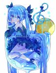  1girl bare_shoulders barefoot black_dress black_ribbon black_sleeves blue_eyes blue_hair blush closed_mouth commentary cup detached_sleeves dress drinking_glass food fruit full_body futaba969649 hair_ornament hair_ribbon hatsune_miku head_rest highres ice ice_cube in_container in_cup lemon lemon_slice long_hair looking_at_viewer ribbon simple_background sleeveless sleeveless_dress solo symbol-only_commentary twintails very_long_hair vocaloid white_background x_hair_ornament 