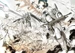  absurdres another_century&#039;s_episode:_r aquarion_(series) arm_slave_(mecha) arx-7_arbalest choujikuu_seiki_orguss code_geass destiny_gundam energy_gun full_metal_panic! gun gundam gundam_seed gundam_seed_destiny gunpod highres holding holding_gun holding_sword holding_weapon kato_takuji knightmare_frame lancelot_(code_geass) mecha mecha_focus mechanical_wings military mobile_suit monochrome no_humans orguss orguss_(mecha) robot science_fiction smoke sousei_no_aquarion super_robot sword v-fin weapon wings 