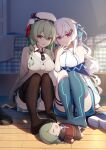  2girls absurdres asymmetrical_legwear bare_shoulders beret black_thighhighs blue_necktie blue_ribbon blue_skirt blue_socks blue_thighhighs braid breasts brown_cardigan cardigan character_doll closed_mouth collared_shirt commission doll feet green_hair hair_between_eyes hair_ornament hair_ribbon hammer_and_sickle hand_up hat highres huanxiang_koudai_meow indie_virtual_youtuber indoors jacket kneehighs knees_up large_breasts long_hair long_sleeves looking_at_viewer lucca_project medium_breasts multicolored_hair multiple_girls necktie no_shoes off_shoulder on_floor open_mouth parted_lips pink_eyes pink_hair pleated_skirt purple_eyes red_eyes ribbon sasha_krik second-party_source shirt shoes single_sock single_thighhigh sitting skirt sleeveless sleeveless_shirt sleeves_past_wrists smile socks streaked_hair striped_clothes striped_necktie thigh_strap thighhighs unworn_shoes very_long_hair wawako_mama white_hair white_jacket white_shirt 
