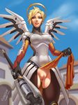  blonde_hair blue_sky day fxnative highres looking_at_viewer mechanical_halo mechanical_wings mercy_(overwatch) no_panties overwatch pussy sky solo staff wings 