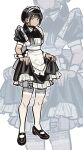  1girl absurdres apron black_choker black_dress black_hair choker clothes_lift commentary dress frilled_apron frilled_dress frilled_headwear frills highres long_hair looking_at_viewer maid maid_apron maid_headdress margare mary_janes original shoes skirt skirt_lift solo symbol-only_commentary thighhighs twintails white_apron white_thighhighs wrist_cuffs zoom_layer 