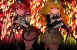  2girls absurdres black_shirt black_skirt blonde_hair breasts cowboy_shot highres holding holding_microphone_stand large_breasts microphone_stand multiple_girls mythra_(xenoblade) one_eye_closed pyra_(xenoblade) red_eyes red_hair red_skirt shirt short_hair skirt striped_clothes striped_skirt tarbo_(exxxpiation) tiara white_shirt xenoblade_chronicles_(series) xenoblade_chronicles_2 yellow_eyes yellow_skirt 