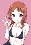  1girl bikini black_hair breasts cleavage collarbone halterneck hand_up highres kobayashi_ritz long_hair looking_at_viewer medium_breasts navel non-web_source pink_background purple_eyes red_hair saki_(manga) smile solo swimsuit takei_hisa towel towel_around_waist v 