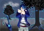  1boy artist_request black_hair blue_eyes blue_hair bracelet crossed_arms dog_tags eiyuu_densetsu falling_leaves glove_cutout gloves grin hair_between_eyes hair_slicked_back highres jacket jewelry kuro_no_kiseki_(series) leaf looking_at_viewer male_focus multicolored_hair open_clothes open_jacket outdoors planted planted_sword single_glove smile solo sword two-tone_hair upper_body van_arkride weapon 