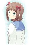  1girl amami_haruka blue_sailor_collar bow brown_hair closed_mouth green_eyes hair_bow idolmaster idolmaster_(classic) light_blush long_sleeves looking_at_viewer looking_back red_bow sailor_collar school_uniform shirt short_hair simple_background solo tsubobot white_shirt 