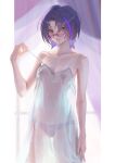  1girl a-soul absurdres arm_at_side armpit_crease bow bow_panties breasts carol_(a-soul) chinese_commentary cleavage collarbone commentary_request cowboy_shot curtained_hair dress glasses hand_up heart_pasties highres indoors kryp132 looking_at_viewer medium_breasts multicolored_hair no_bra outside_border panties parted_lips pasties pillarboxed pulling_own_clothes purple_hair red_lips round_eyewear see-through_clothes see-through_dress short_hair side_slit smile solo spaghetti_strap standing strap_pull streaked_hair underwear virtual_youtuber white_dress window 
