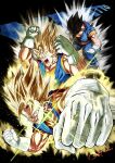  1boy absurdres artist_name aura black_background black_hair blonde_hair blue_pants blue_shirt boots character_name commentary_request dougi dragon_ball dragon_ball_z earrings gekiroo gloves green_eyes highres jewelry looking_at_viewer male_focus medium_hair multiple_views open_mouth orange_sash orange_shirt pants potara_earrings revision shirt simple_background spiked_hair super_saiyan super_saiyan_1 teeth transformation vegetto white_boots white_gloves 
