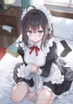  1girl ahoge apron apron_lift aqua_eyes between_legs black_dress blush book breasts brown_hair character_request clothes_lift crossed_bangs day dress frilled_dress frills from_above hand_between_legs higeneko highres indoors juliet_sleeves long_hair long_sleeves looking_at_viewer maid maid_apron maid_headdress medium_breasts neck_ribbon nightstand official_art on_bed parted_lips pillow puffy_sleeves red_ribbon ribbon second-party_source sidelocks sitting socks solo suki_datta_ko_wo_meido_ni_shitara_ore_no_heya_de_kossori_nani_ka_shiteiru unworn_socks v-shaped_eyebrows wariza white_apron window 