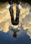  1boy black_pants cloud cloudy_sky cumulonimbus_cloud fingernails glowing glowing_eyes grass highres hikaru_(hikaru_ga_shinda_natsu) hikaru_ga_shinda_natsu male_focus ndsoda open_mouth pants red_eyes reflection reflective_water ripples school_uniform shirt shirt_tucked_in shoes short_hair short_sleeves sky sneakers solo standing teeth white_hair white_shirt white_shoes 