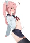  1girl ahoge ass black_sailor_collar black_skirt black_thighhighs blue_archive blush breasts cardigan flasso from_side hair_ornament heart heart-shaped_pupils highres long_hair long_sleeves looking_at_viewer natsu_(blue_archive) navel neckerchief open_mouth pink_hair pleated_skirt red_eyes red_neckerchief ribbon sailor_collar school_uniform serafuku side_ponytail simple_background skirt small_breasts solo symbol-shaped_pupils teeth thighhighs underboob upper_teeth_only white_background white_cardigan 