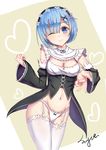  ;) absurdres artist_name blue_eyes blue_hair blush bow bow_panties breasts closed_mouth garter_straps hair_over_one_eye heart highres looking_at_viewer maid medium_breasts navel no_pants one_eye_closed panties re:zero_kara_hajimeru_isekai_seikatsu rem_(re:zero) short_hair signature smile solo thighhighs underwear white_legwear yiyu_qing_mang 