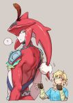  2boys ? armor arms_up back_muscles belt black_belt black_gloves blonde_hair blue_eyes blue_tunic blush chest_belt closed_mouth commentary cropped_legs cropped_torso english_commentary fingerless_gloves fins fish_boy gloves grey_background head_fins headpiece heart jewelry link looking_back male_focus multiple_boys natsuyon necklace parted_bangs pauldrons plume pom_pom_(clothes) ponytail sanpaku scar scar_on_head short_ponytail shoulder_armor sidon simple_background size_difference slit_pupils speech_bubble spoken_question_mark the_legend_of_zelda the_legend_of_zelda:_breath_of_the_wild toned toned_male tunic yellow_eyes zora 