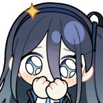  1girl animated animated_gif aqua_eyes aqua_necktie aris_(blue_archive) black_jacket blue_archive blue_hair blue_hairband blue_jacket blush_stickers chibi chunye_haruya collared_shirt covered_mouth covering_own_mouth disembodied_hand dot_nose hair_between_eyes hairband hand_over_own_mouth jacket long_bangs long_hair long_hair_between_eyes looking_at_viewer lowres multicolored_jacket necktie one_side_up open_clothes open_jacket pleading_eyes school_uniform second-party_source shirt simple_background solo sparkle transparent_background upper_body white_shirt 