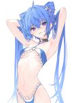  1girl absurdres armpit_focus armpits bikini blue_hair breasts choker double-parted_bangs double_bun hair_between_eyes hair_bun hands_in_own_hair highres lisu long_hair looking_at_viewer navel o-ring o-ring_choker original presenting_armpit purple_eyes sharp_teeth small_breasts solo swimsuit teeth white_background 