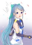  1girl alternate_hairstyle black_neckerchief black_sailor_collar blue_eyes blue_hair blush cowboy_shot elbow_gloves gloves gradient_background gradient_hair green_ribbon highres kantai_collection long_hair looking_at_viewer multicolored_hair naviyu_elin neckerchief open_mouth ponytail purple_background ribbon sailor_collar samidare_(kancolle) school_uniform serafuku shirt sleeveless sleeveless_shirt smile solo very_long_hair white_serafuku 
