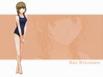  artist_request barefoot braid brown_background brown_eyes brown_hair character_name kimi_kiss legs looking_at_viewer mizusawa_mao one-piece_swimsuit school_swimsuit solo swimsuit twin_braids wallpaper zoom_layer 