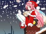  artist_request chimney christmas copyright_request letter long_sleeves miniskirt pink_hair santa_costume skirt solo thighhighs wallpaper zettai_ryouiki 