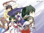  4boys 5girls ainu_clothes androgynous animal_ears armor aruruw benawi black_hair blue_eyes brothers brown_eyes brown_hair doriy eruruw everyone guraa hakama japanese_clothes kurou_(utawareru_mono) kuuya_(utawareru_mono) layered_sleeves long_hair multiple_boys multiple_girls ponytail sagiri_suda sakuya_(utawareru_mono) short_hair siblings touka_(utawareru_mono) twins utawareru_mono 