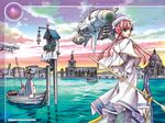  amano_kozue aria arms_behind_back artist_name boat capelet cloud cloudy_sky copyright_name fishing_rod gloves gondola green_eyes hair_tubes hat holding holding_oar long_hair long_sleeves looking_back mizunashi_akari multiple_girls neo-venezia oar pantyhose purple_legwear red_hair short_hair_with_long_locks sidelocks single_glove sky smile solo_focus space_craft standing sunset uniform water watercraft 