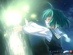  ahoge floating floating_object fujimiya_wakaba glowing green_hair long_sleeves magic outstretched_arm sailor_collar school_uniform serafuku short_hair solo upper_body wallpaper wind_a_breath_of_heart yuuki_tatsuya 