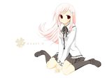  black_legwear bow copyright_name full_body kneehighs koshou_shichimi loafers long_hair long_sleeves lucy_maria_misora pink_hair red_eyes ribbon school_uniform shoes sitting smile solo to_heart_2 v_arms wariza white_background 