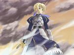  armor armored_dress artoria_pendragon_(all) blonde_hair dress fate/stay_night fate_(series) green_eyes kakifly puffy_sleeves saber solo wallpaper 