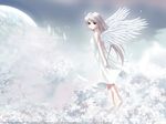  angel_wings artist_request barefoot bird castle cloud flower grey_hair highres long_hair looking_back moon night night_sky planet red_eyes rino_(white_clarity) sky solo star wallpaper white_clarity wings 