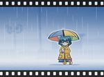  2k-tan artist_request blue_eyes blue_hair boots cat glasses long_sleeves os-tan rain raincoat rubber_boots solo 