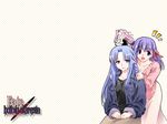  3girls blue_eyes blue_hair braid caster chibi chibi_inset collarbone fate/hollow_ataraxia fate/stay_night fate_(series) hair_ribbon hug hug_from_behind jacket jealous lavender_hair lipstick long_hair long_skirt long_sleeves looking_at_viewer makeup matou_sakura multiple_girls o_o one_side_up otaut-r purple_eyes ribbon rider side_braid skirt smile tan_skirt very_long_hair 